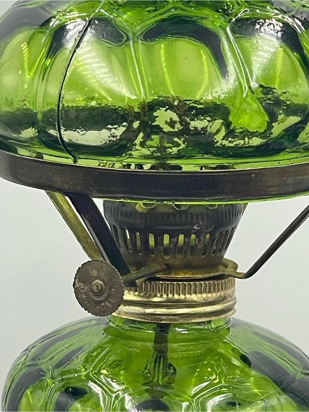 Vintage Emerald Green Pressed Glass Hurricane Oil Lamp w/Brass Metal Wick Collar